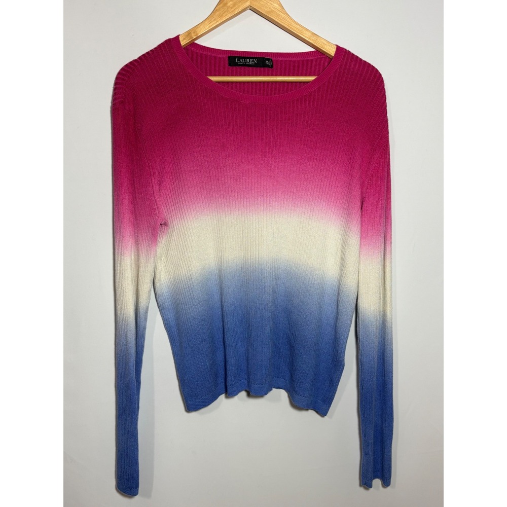 Lauren Ralph Lauren Sweater Womens XXL Pink Blue Ombre Ribbed Knit Crew Neck Top